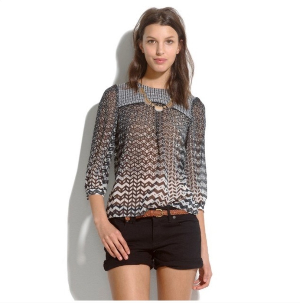 MADEWELL Silk Peasant Chevron Blouse Sheer XS